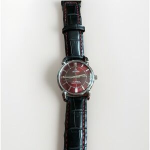 Rare Roamer Brevete Swiss Mens Manual Watch Slv Red Black Leather 17 Jewel Shock